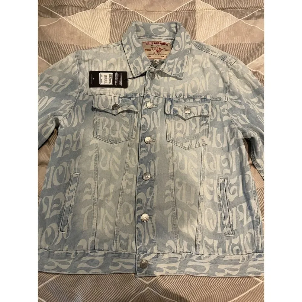 True Religion Jesse AOP Men’s L Logo Print Denim Trucker Jacket NWT msrp $184